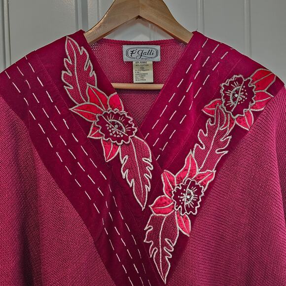 Vintage 80s Sweater Womens Medium Red Floral Glam Rock Knit Embellished Cottage - Picture 3 of 10